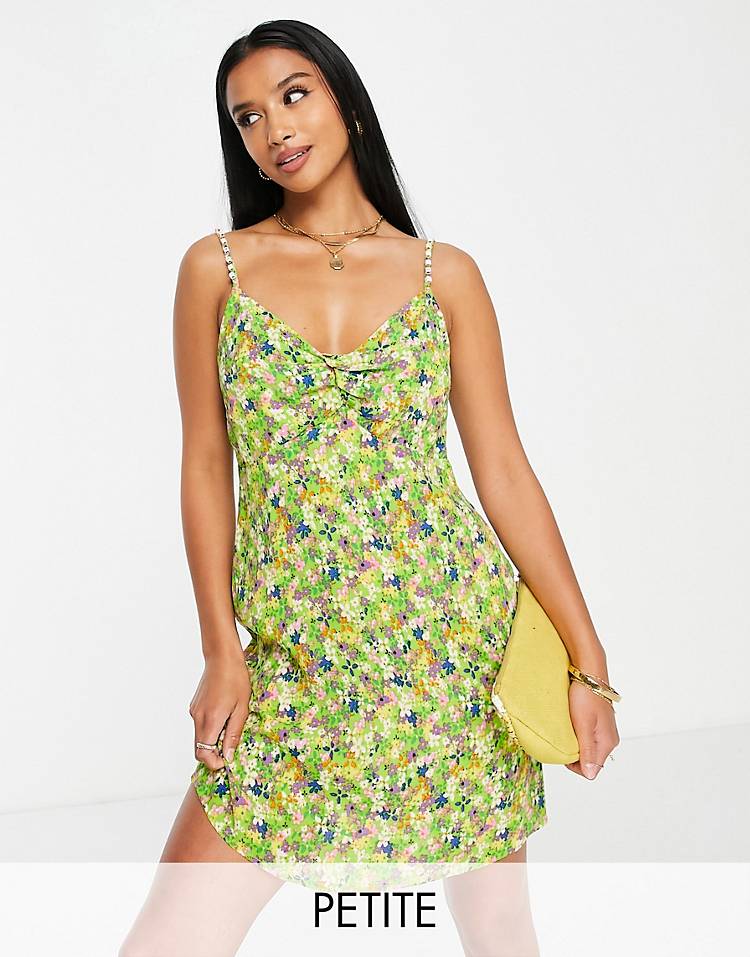 River Island Petite slip mini dress with bead strap detail in green floral